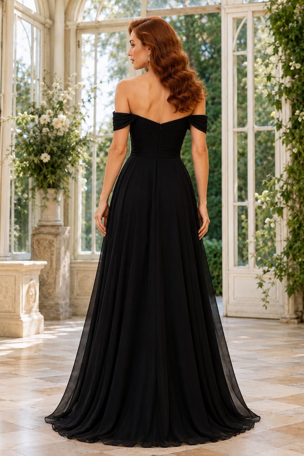 Black off the shoulder chiffon A line gown with clean bodice and soft skirt Floor-length A-Line Bridesmaid Dress back view