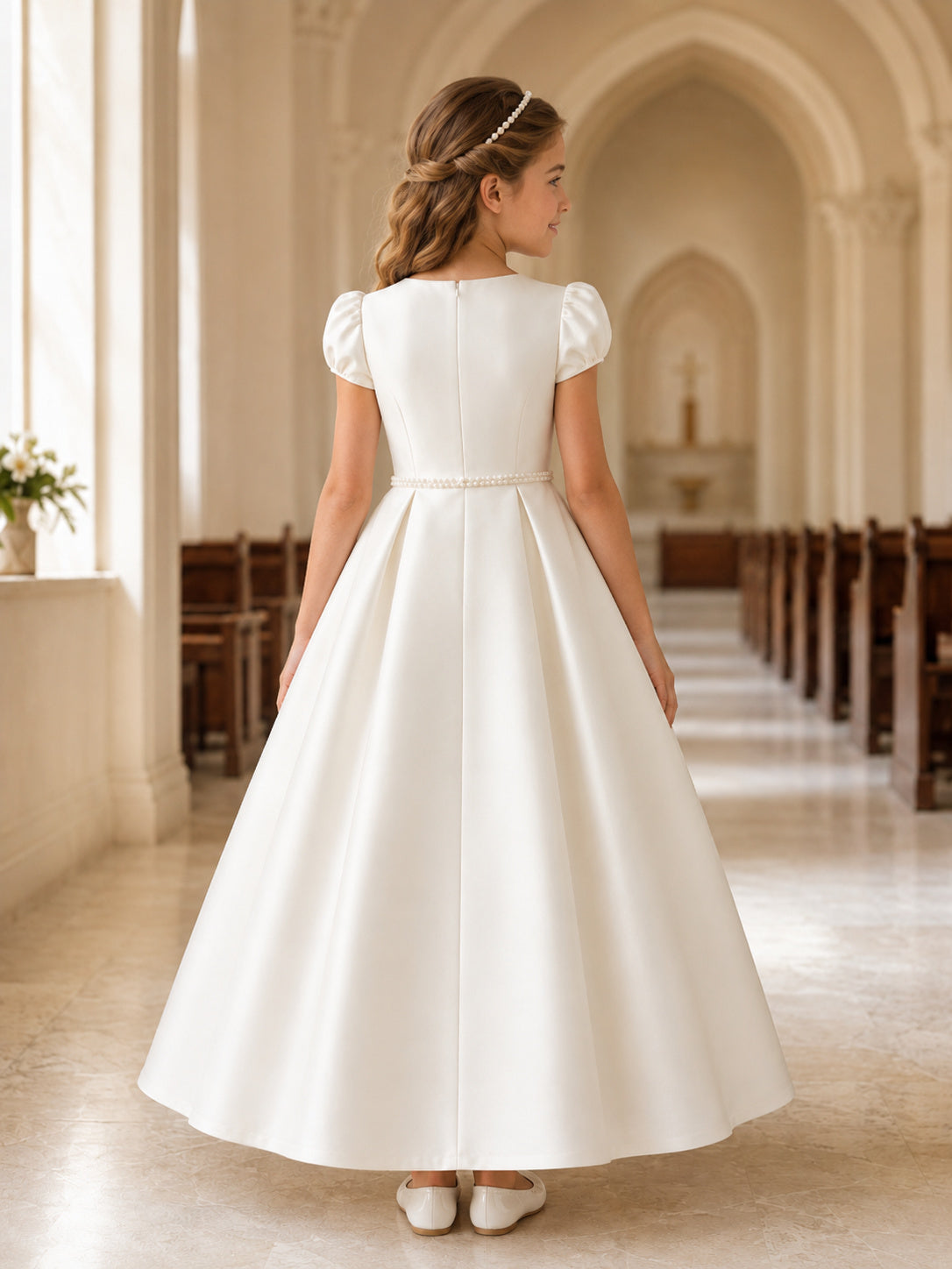 Understated Square Neck Puff Sleeve Satin Communion Ball Gown back view