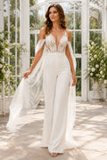 Lace Bodice Off-the-Shoulder Bridal Jumpsuit with Tulle Cape Sleeves front view