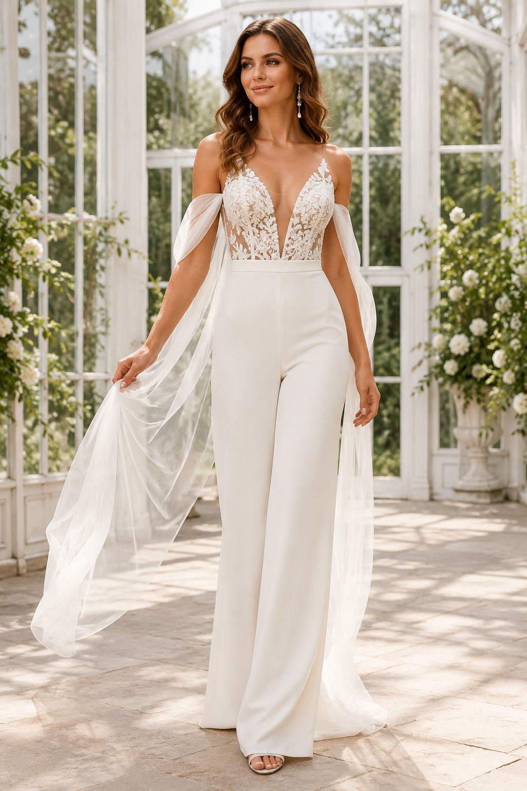 Lace Bodice Off-the-Shoulder Bridal Jumpsuit with Tulle Cape Sleeves front view