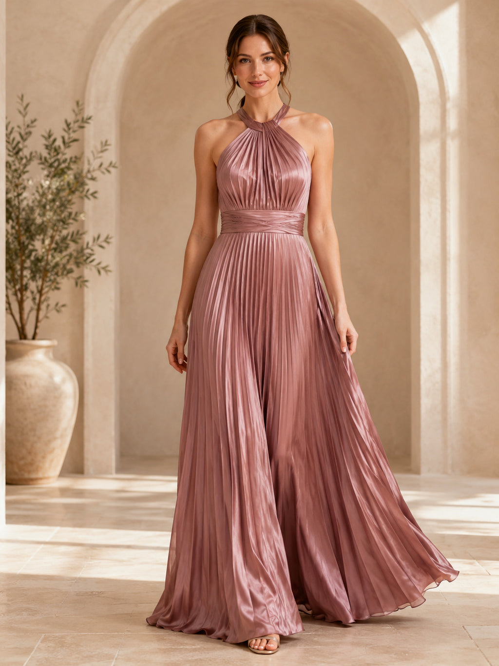 Dusty Rose Halter Pleated Chiffon Evening Gown front view