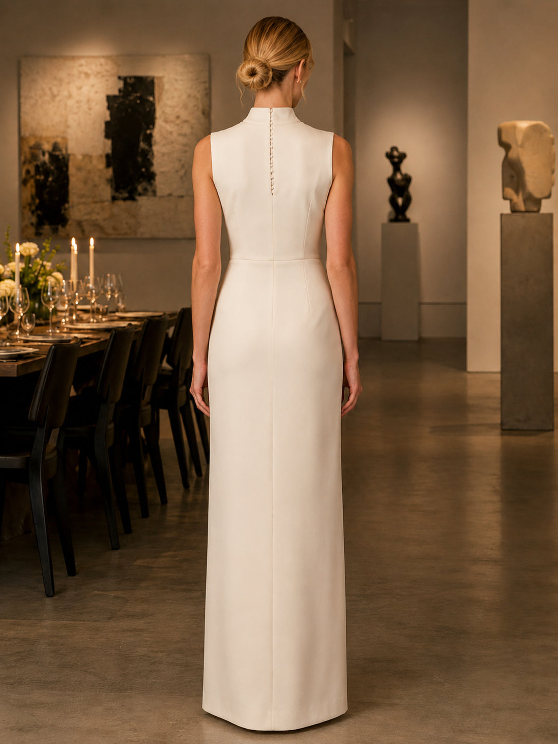 Ivory High Neck Sleeveless Minimal Column Gallery Dinner Gown back view