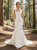 Square Neck Wide Strap Satin Mermaid Chapel Train Forest Wedding Dress front view