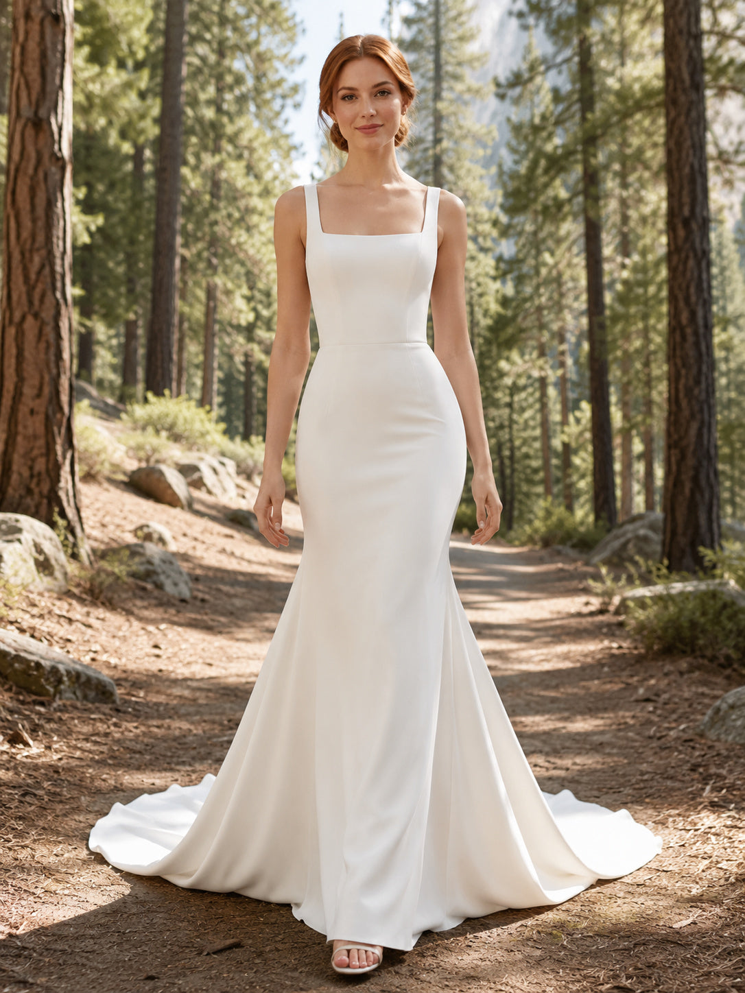 Square Neck Wide Strap Satin Mermaid Chapel Train Forest Wedding Dress front view