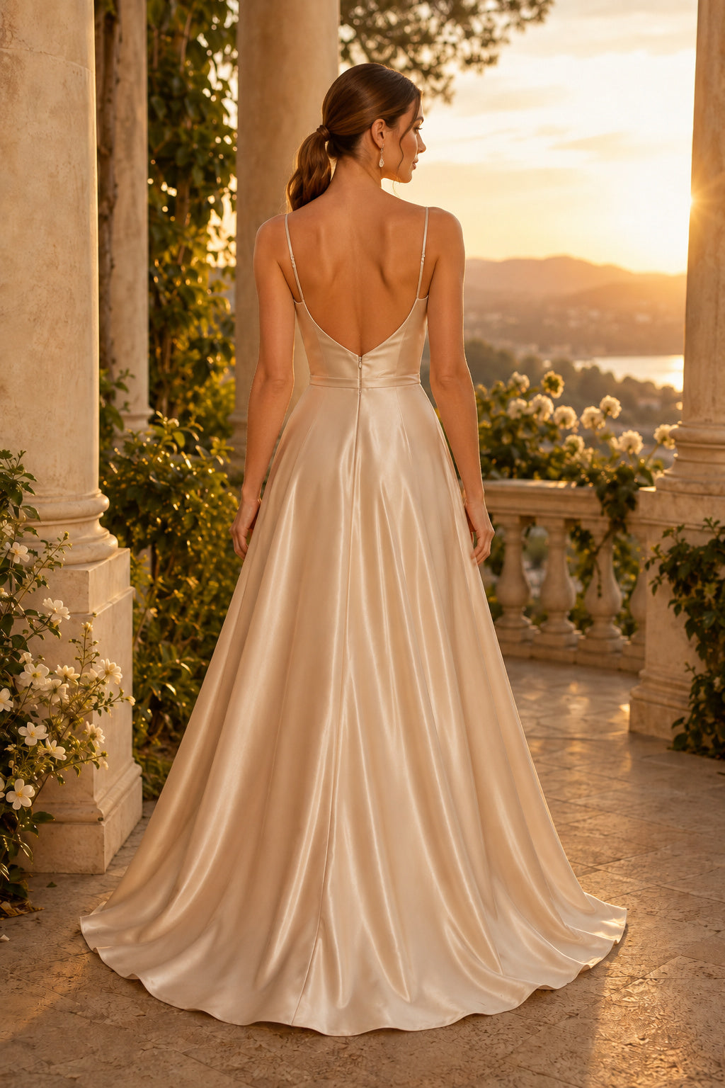 Champagne Cowl Neck Satin A-Line Bridesmaid Dress with Spaghetti Straps and Floor Skirt back view