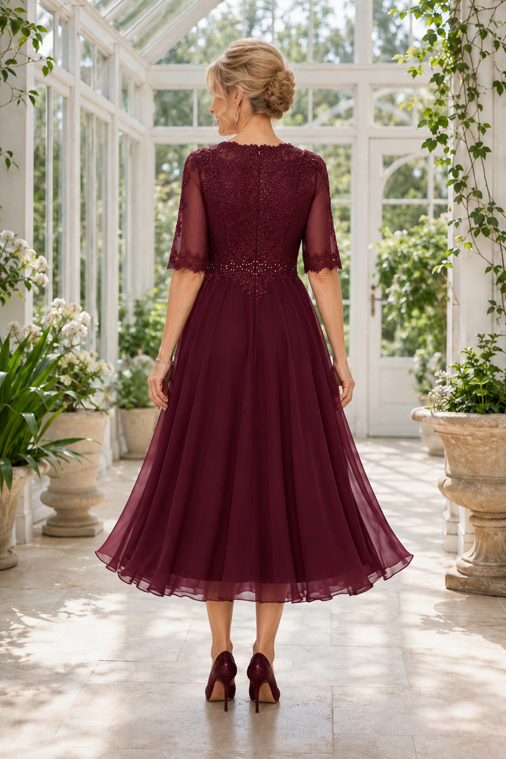Burgundy Tea Length Chiffon A-Line Mother Dress with Lace Bodice and Half Sleeves back view