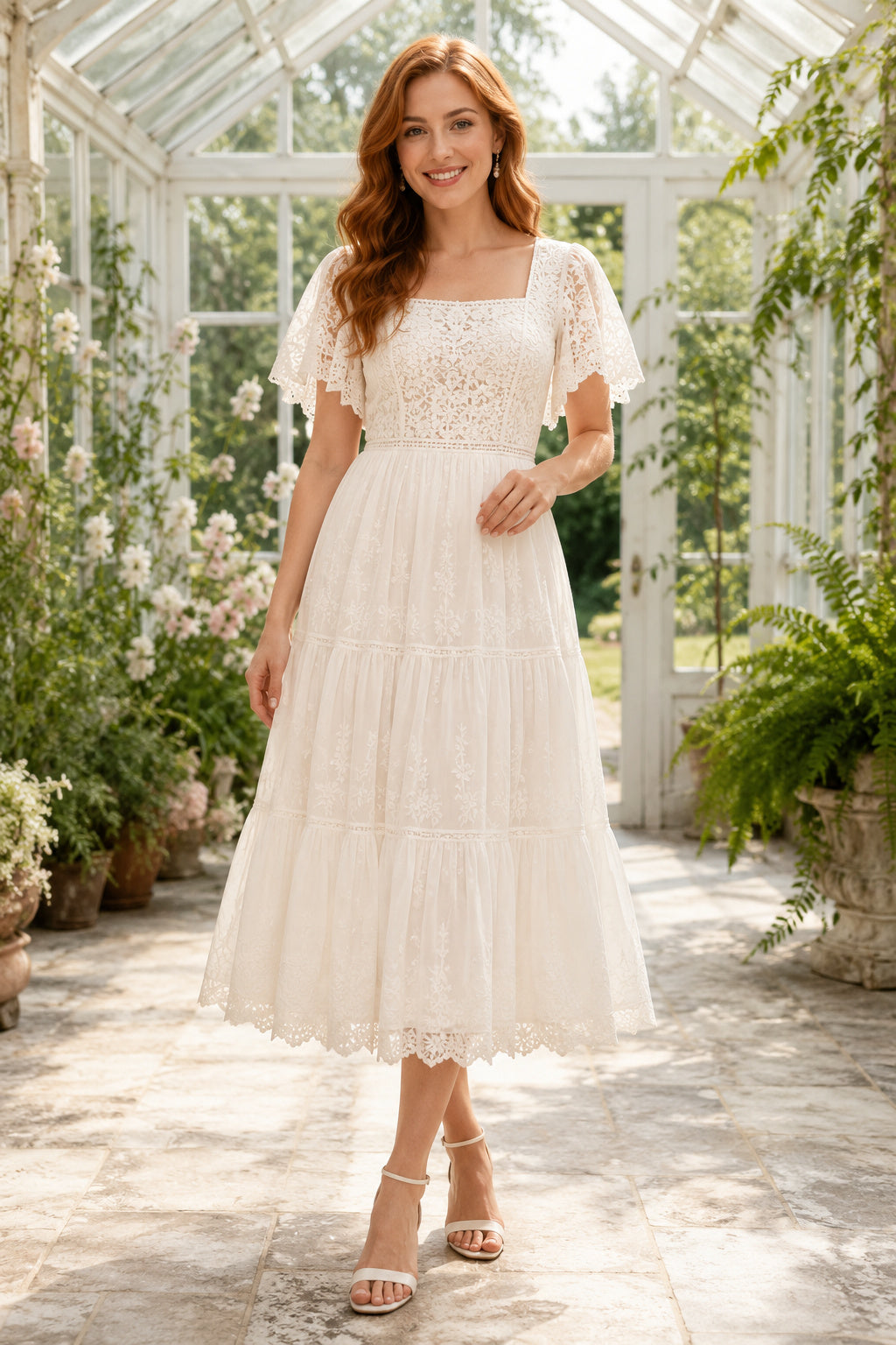Ivory Adorable Square Neck Tea-Length A-Line Tiered Tulle Wedding Dress with Short Lace Sleeves and Tea-Length Hem front view