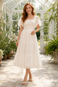 Ivory Adorable Square Neck Tea-Length A-Line Tiered Tulle Wedding Dress with Short Lace Sleeves and Tea-Length Hem front view