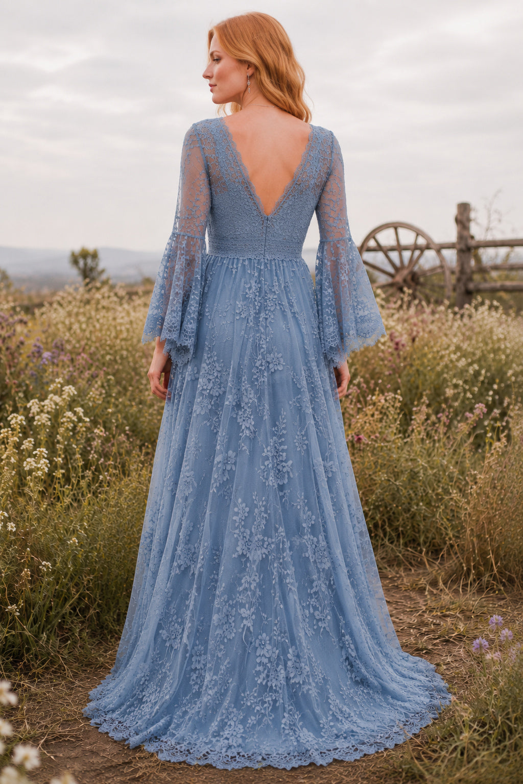 Steel Blue Long Sleeve A-Line Formal Dress with V-Neck Lace Overlay and Sweep Train back view