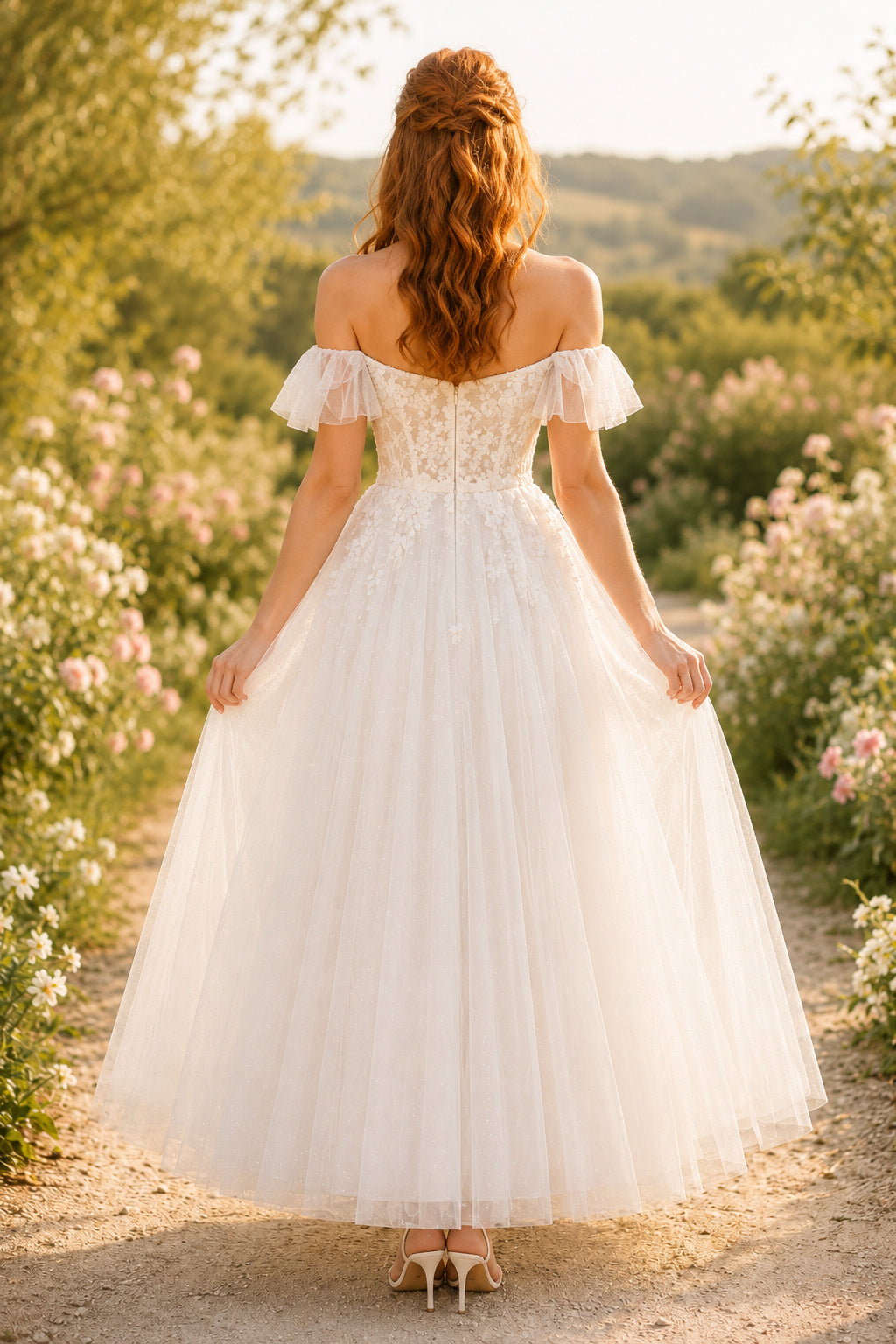 Ivory Off-the-Shoulder Tea-Length Tulle Wedding Dress with Lace Bodice back view