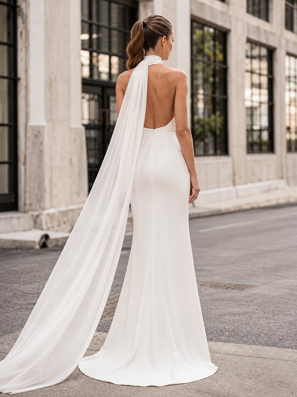 Satin Chiffon Wedding Dress Sheath Halter Sleeveless Watteau Train Open Back Bridal Gown back view