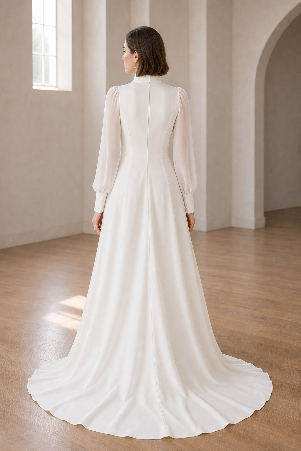 White Scoop Cap Sleeves A-Line Chiffon Floor-length Wedding Dress With Pleated Skirt and Layered Skirt and Open Back Lace Hem Detail