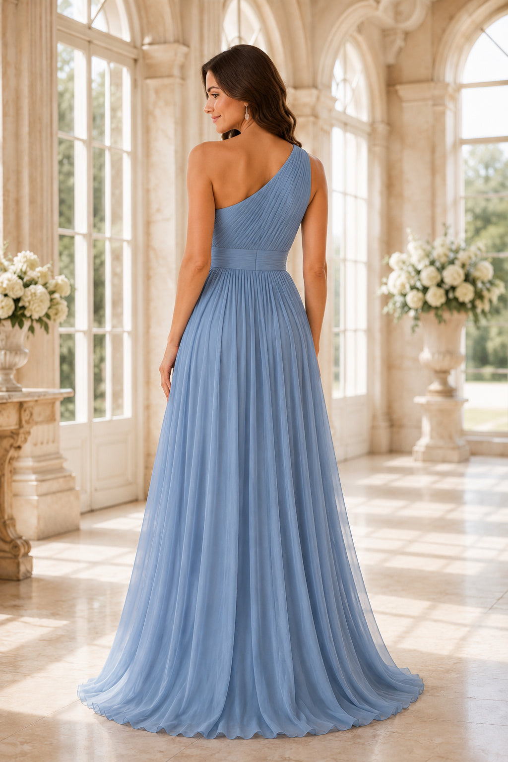 Sky Blue One-Shoulder Chiffon A-Line Bridesmaid Dress with Pleated Bodice and Soft Skirt back view