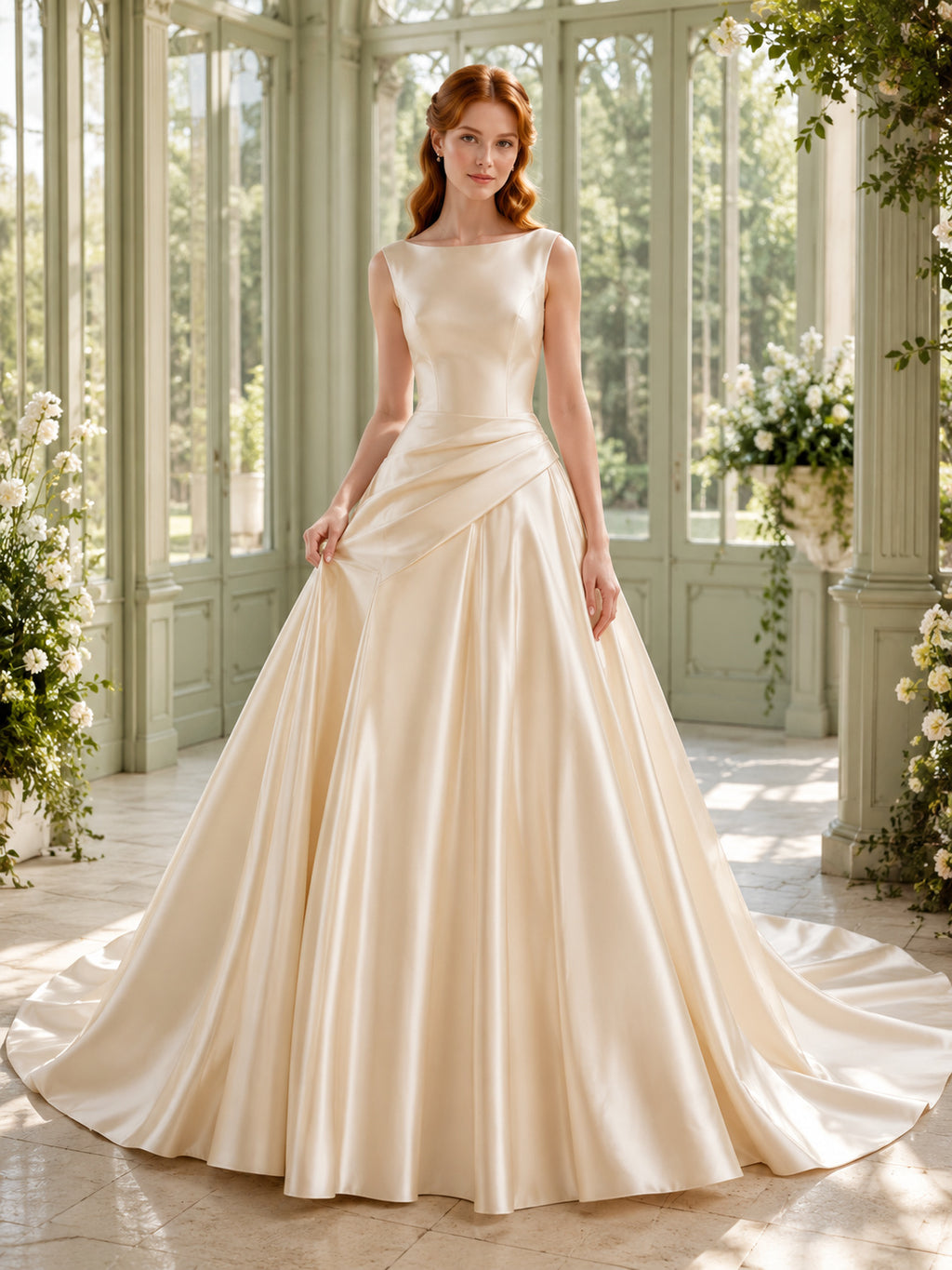 Champagne Bateau Neck Satin Bow Back A Line Bridal Gown front view