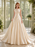 Champagne Bateau Neck Satin Bow Back A Line Bridal Gown front view