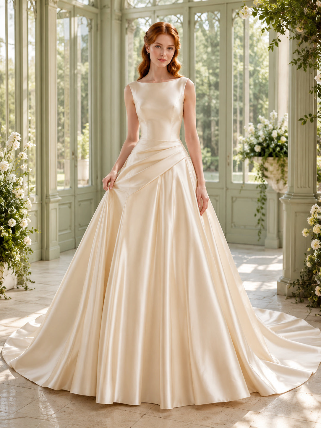 Champagne Bateau Neck Satin Bow Back A Line Bridal Gown front view