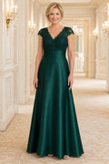 Dark Green Satin A-Line Mother Dress with Lace Cap Sleeves and V-Neck Bodice front view