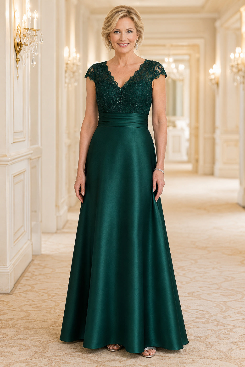 Dark Green Satin A-Line Mother Dress with Lace Cap Sleeves and V-Neck Bodice front view