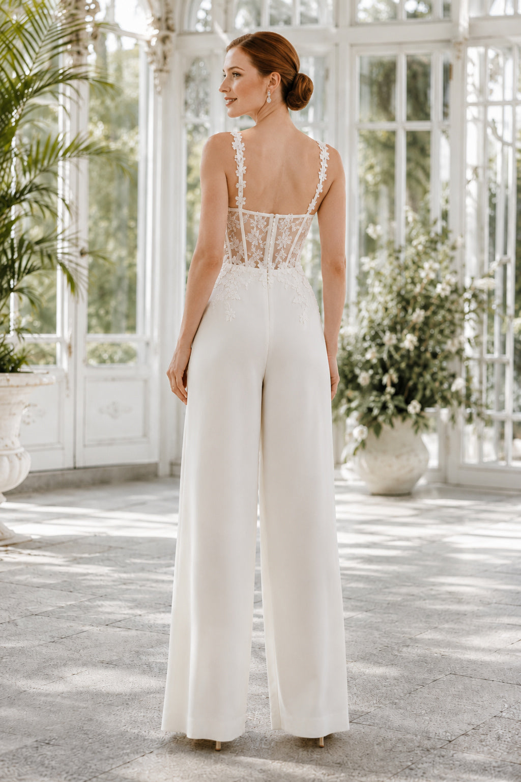 Ivory Spaghetti Strap Lace Bodice Wedding Jumpsuit back view