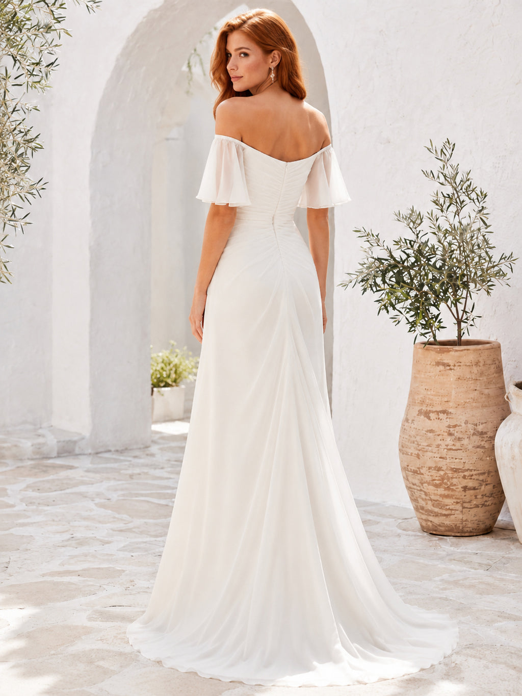 Simple Boho Off-Shoulder Flutter Sleeve Chiffon A-Line Sweep Train Destination Wedding Dress back view