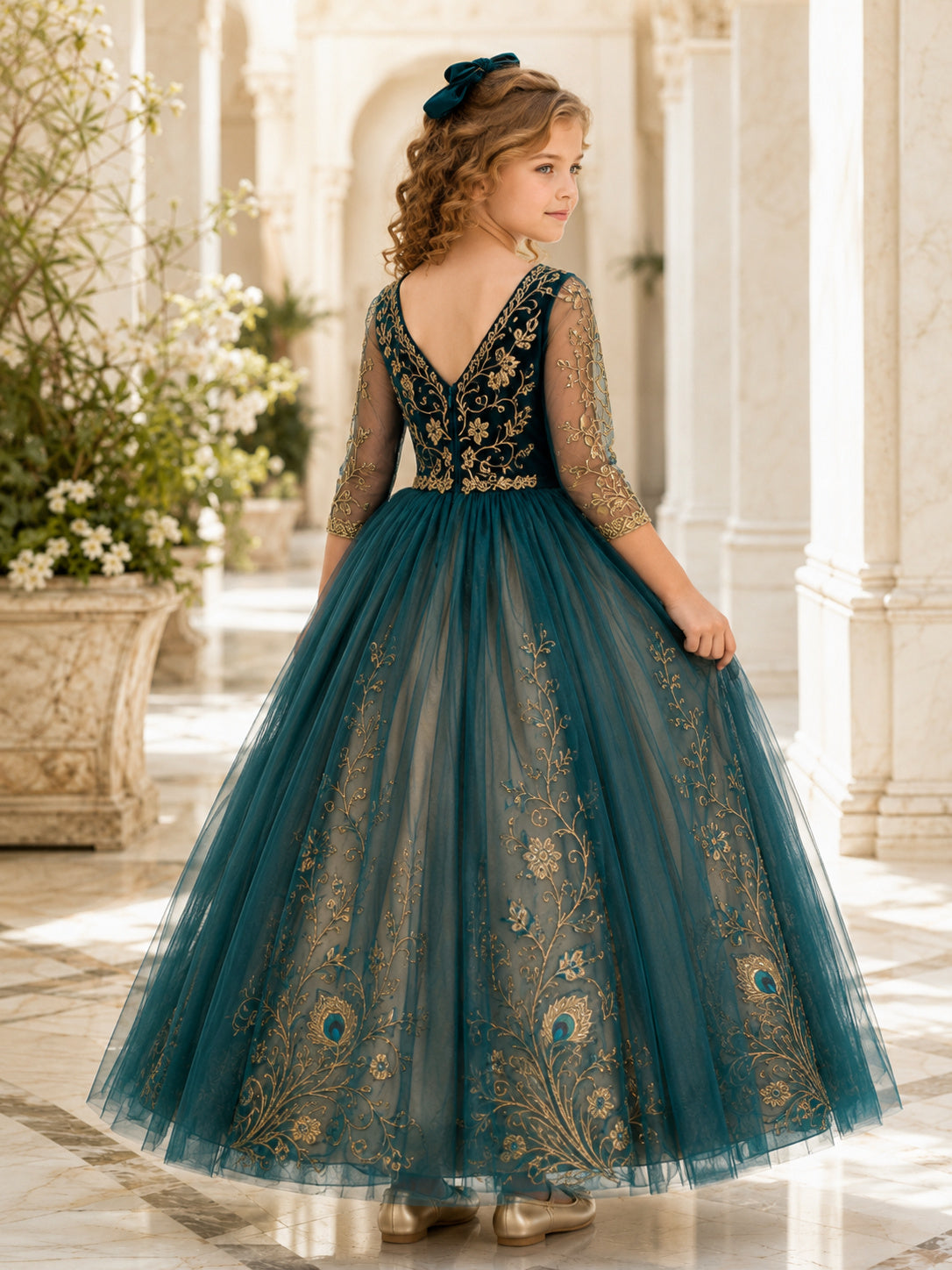 Peacock Teal Velvet Flower Girl Dress with Illusion Three-Quarter Sleeves, Floor-Length Ball Gown Skirt and Gold Feather Embr
