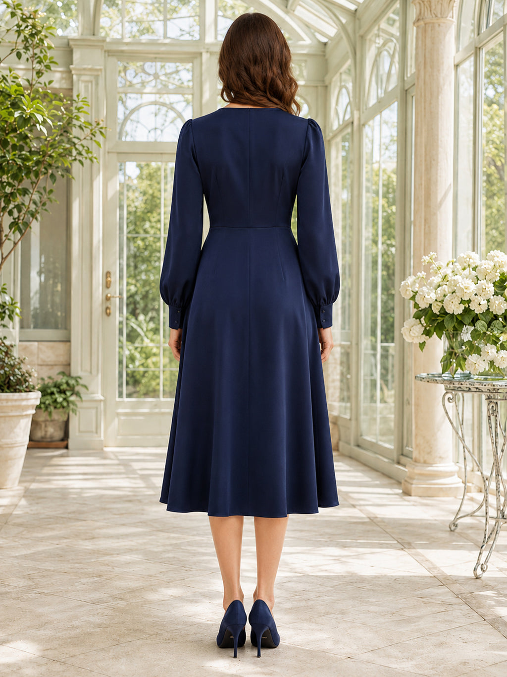 Navy long sleeve bishop A-line modest tea length dress back view