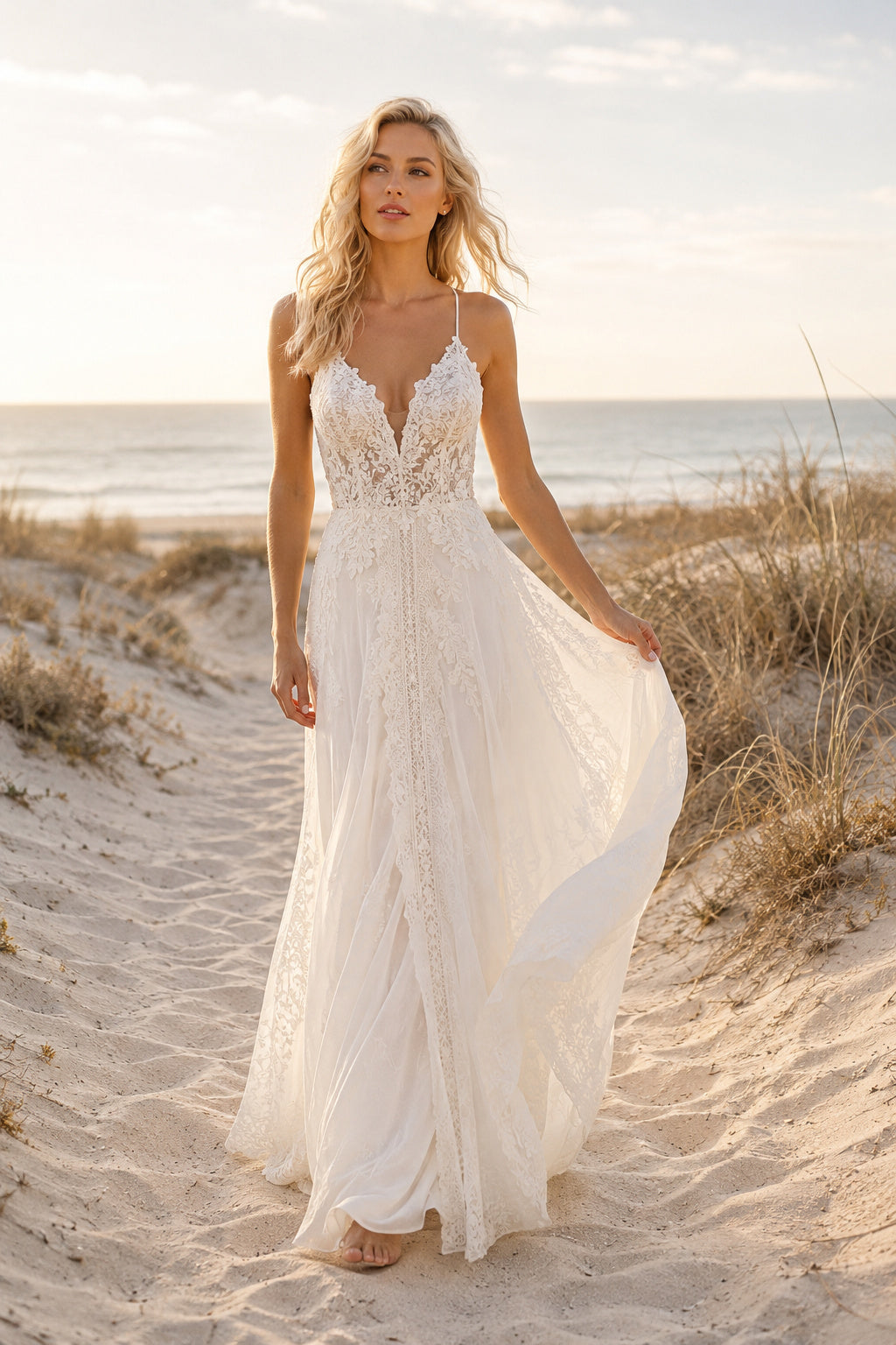 Ivory Spaghetti Strap V-Neck Simple Boho Beach Wedding Dress with Low Back front view