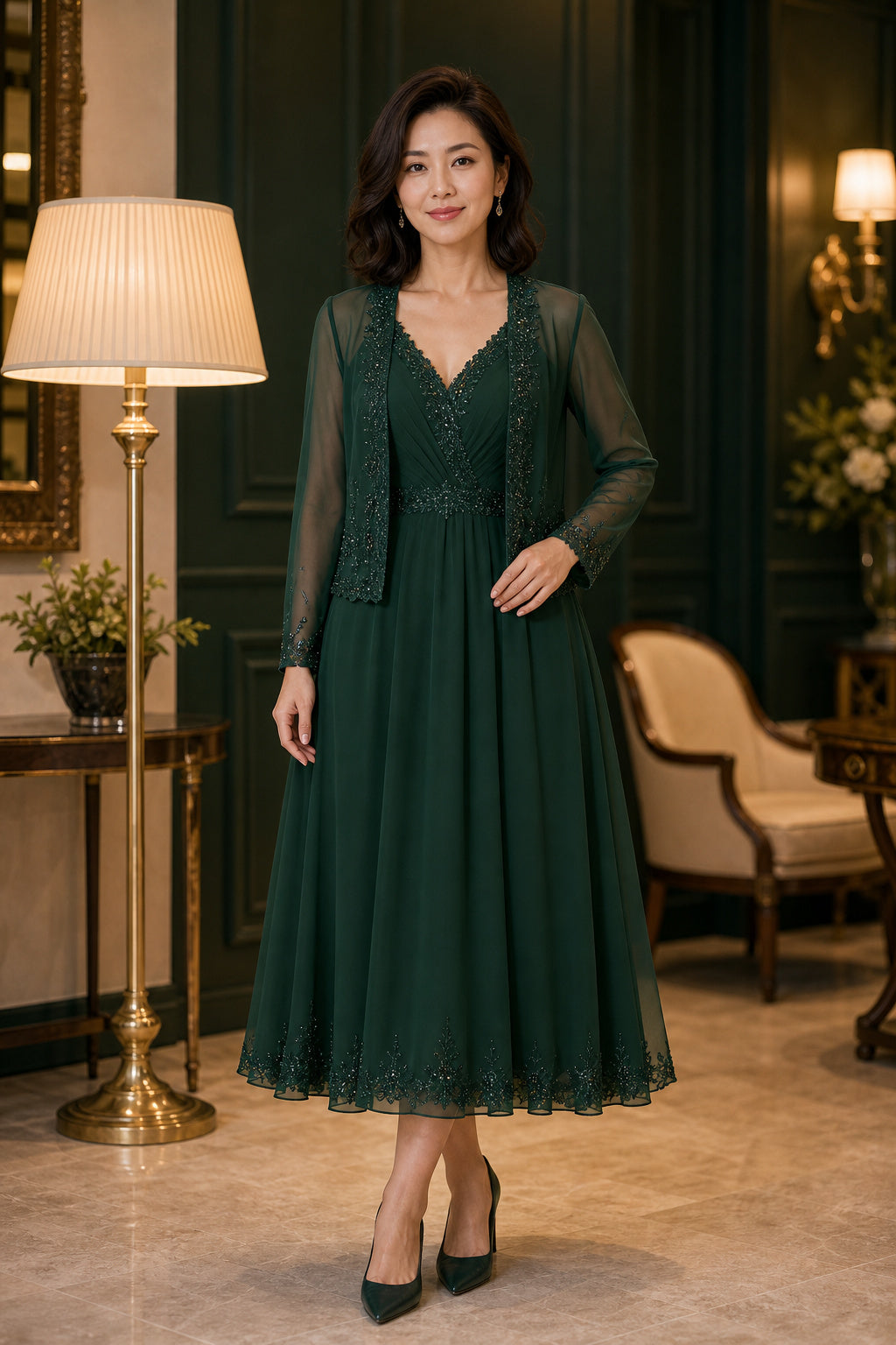 Emerald V-neck Long Sleeve A-Line Chiffon Tea-Length Dress With Sheer Jacket
