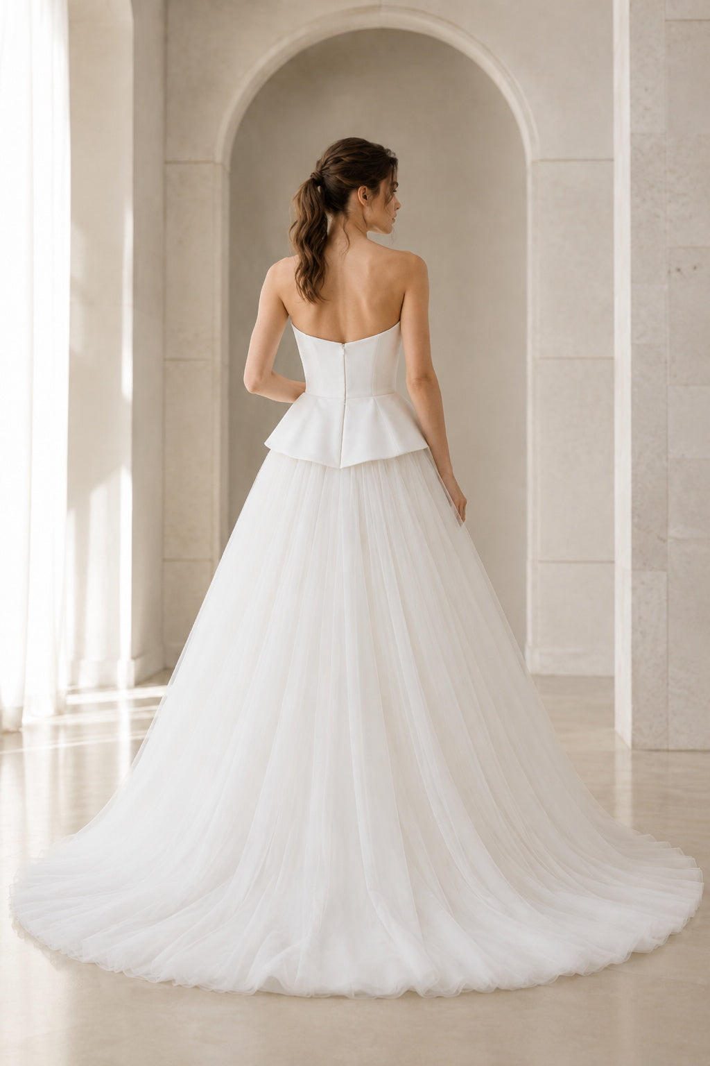 White Strapless Peplum Tulle Ball Gown Wedding Dress back view