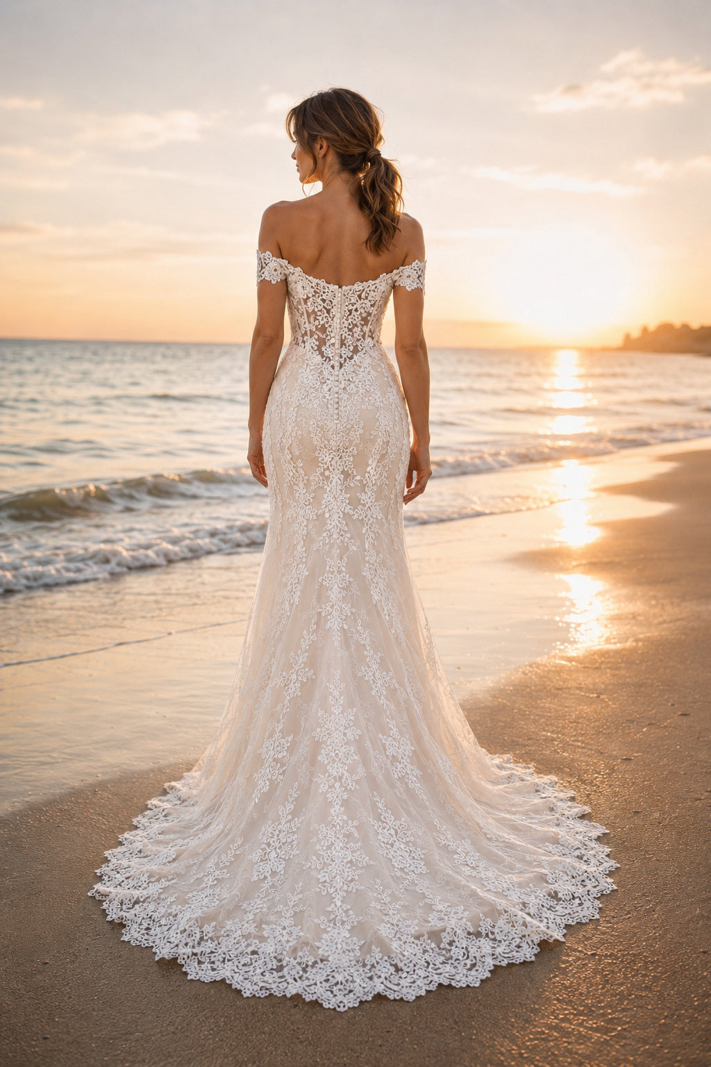 Ivory Off Shoulder Lace Mermaid Wedding Dress Chapel Train for Bridal Ceremony and Reception Style MG_700738 back view