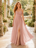 Blush Spaghetti Chiffon Zip Back Slit Gown front view