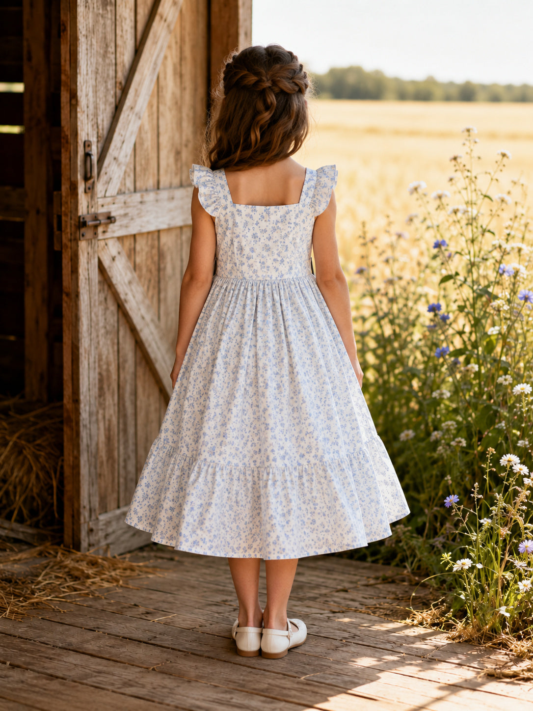 Boho Tea-Length A-Line Country Flower Girl Floral Ruffle Bow Dress with Square Neck back view