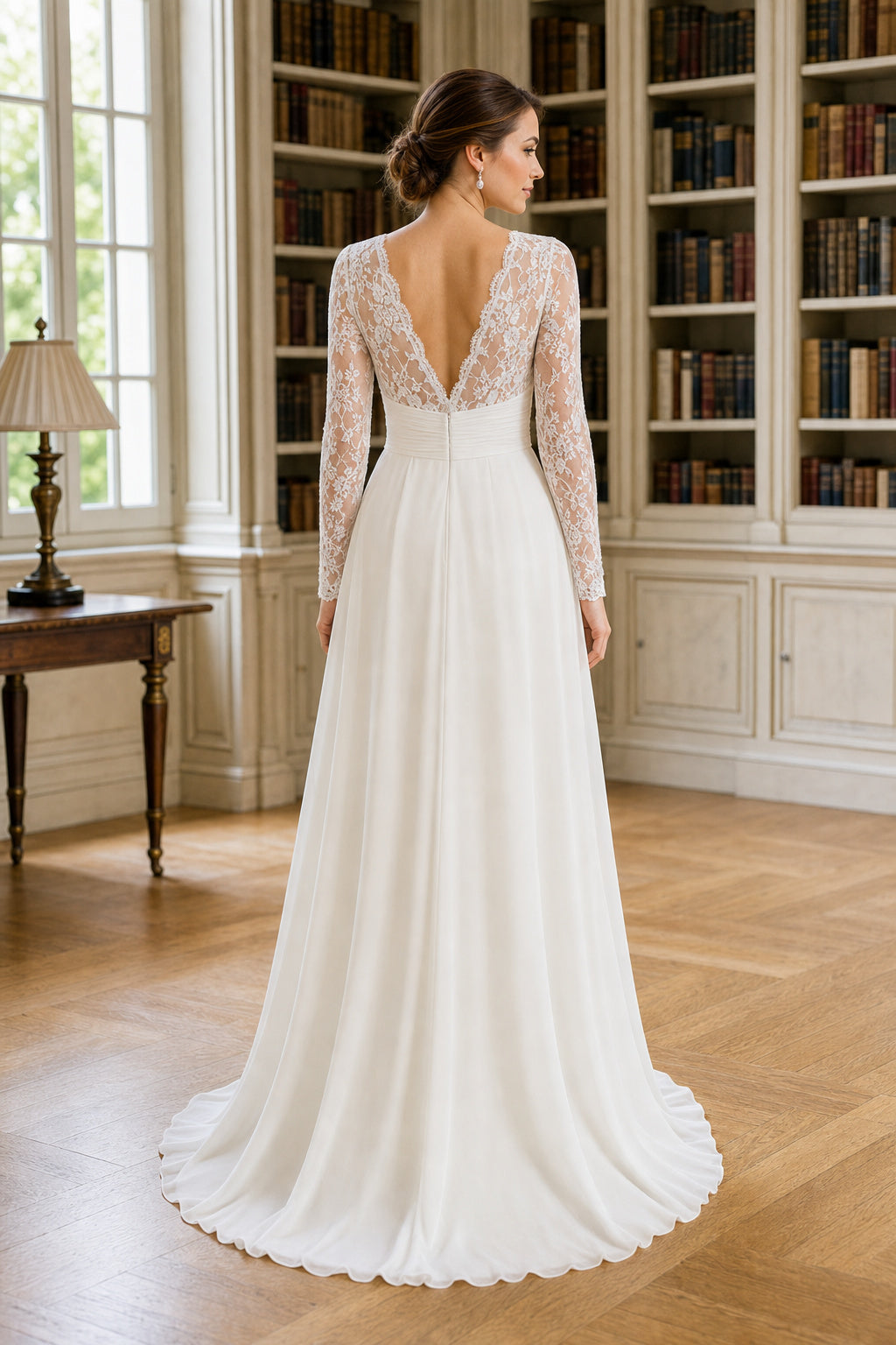 White Off-the-shoulder A-Line Crepe Floor-length Wedding Dress With Front Slit and Beaded Waist and Open Back