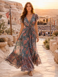 Blue Floral V Neck Wrap Boho Concert Maxi Dress front view