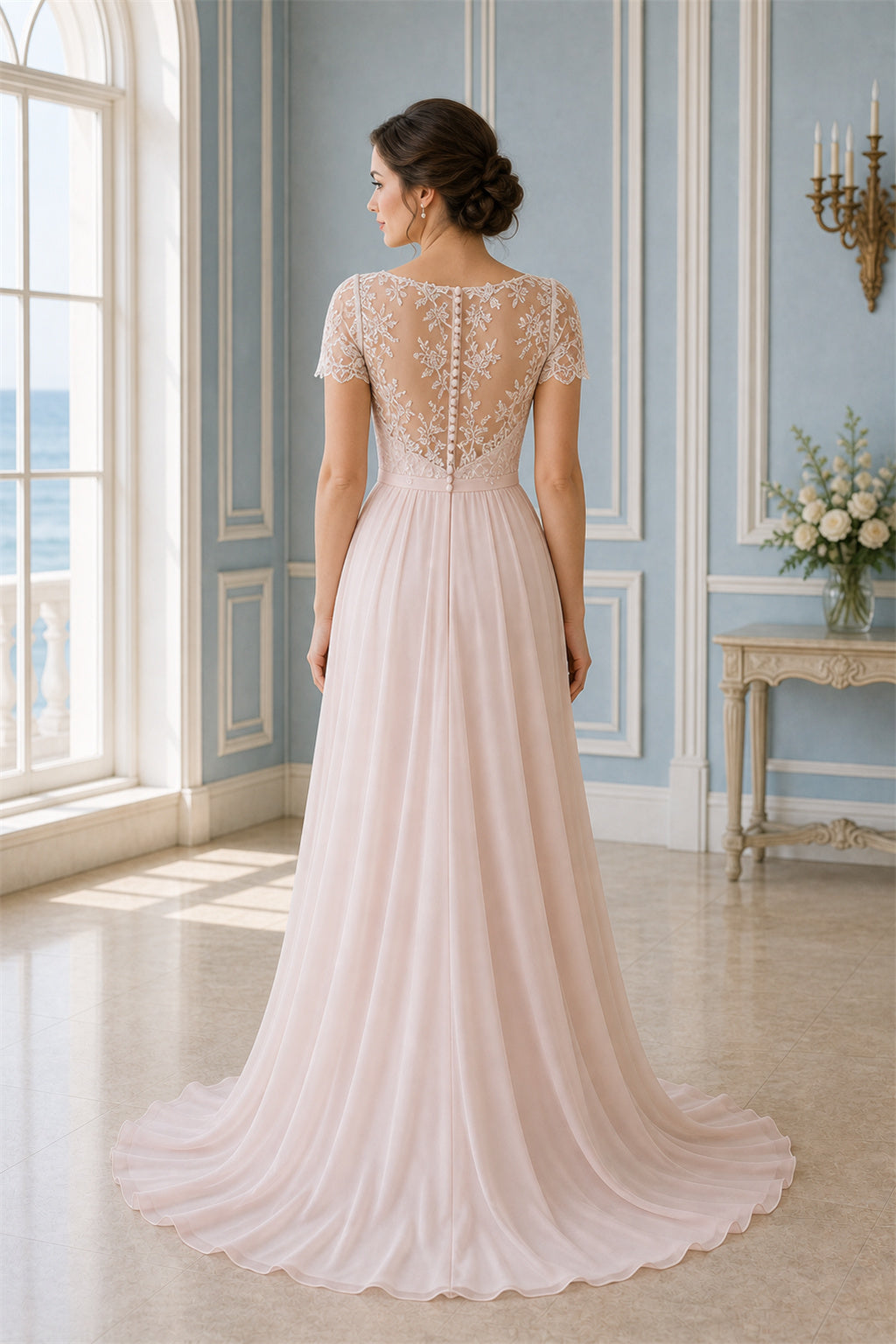Blush Sweetheart Cap Sleeves A-Line Chiffon, Lace Floor-length Formal Dress With Lace