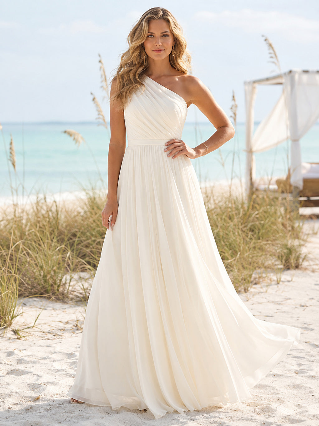 Lightweight Beach One-Shoulder Chiffon A-Line Destination Bridal Dress front view