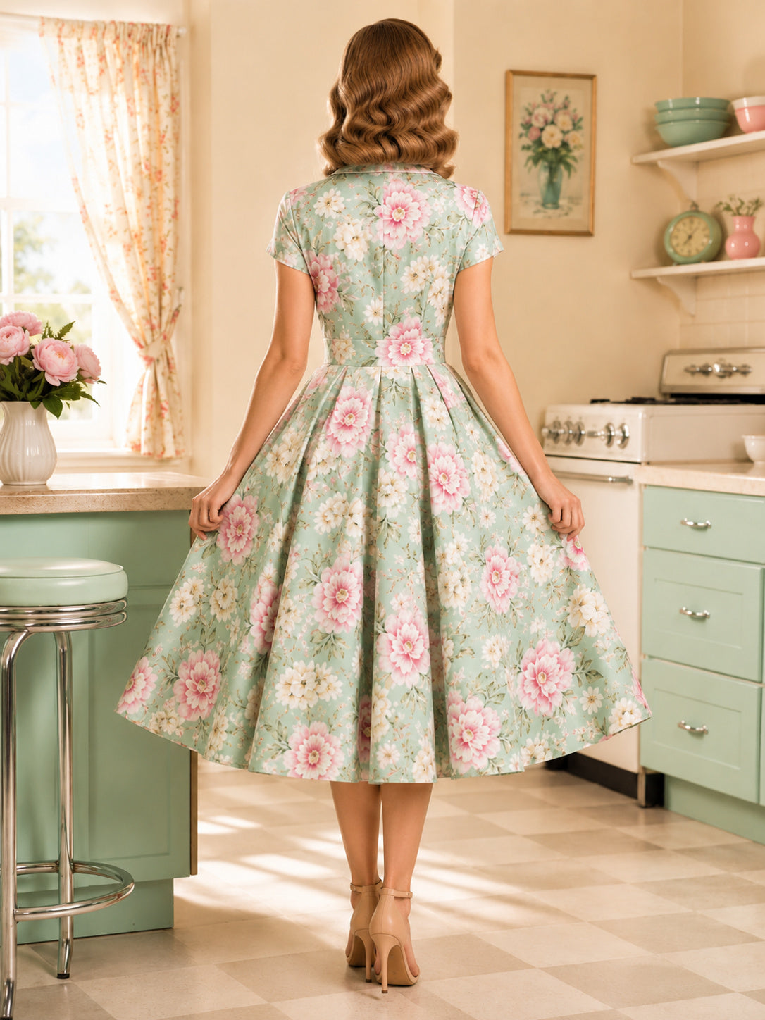 Fifties Mint Floral Shirt Collar Retro Swing Occasion Dress back view