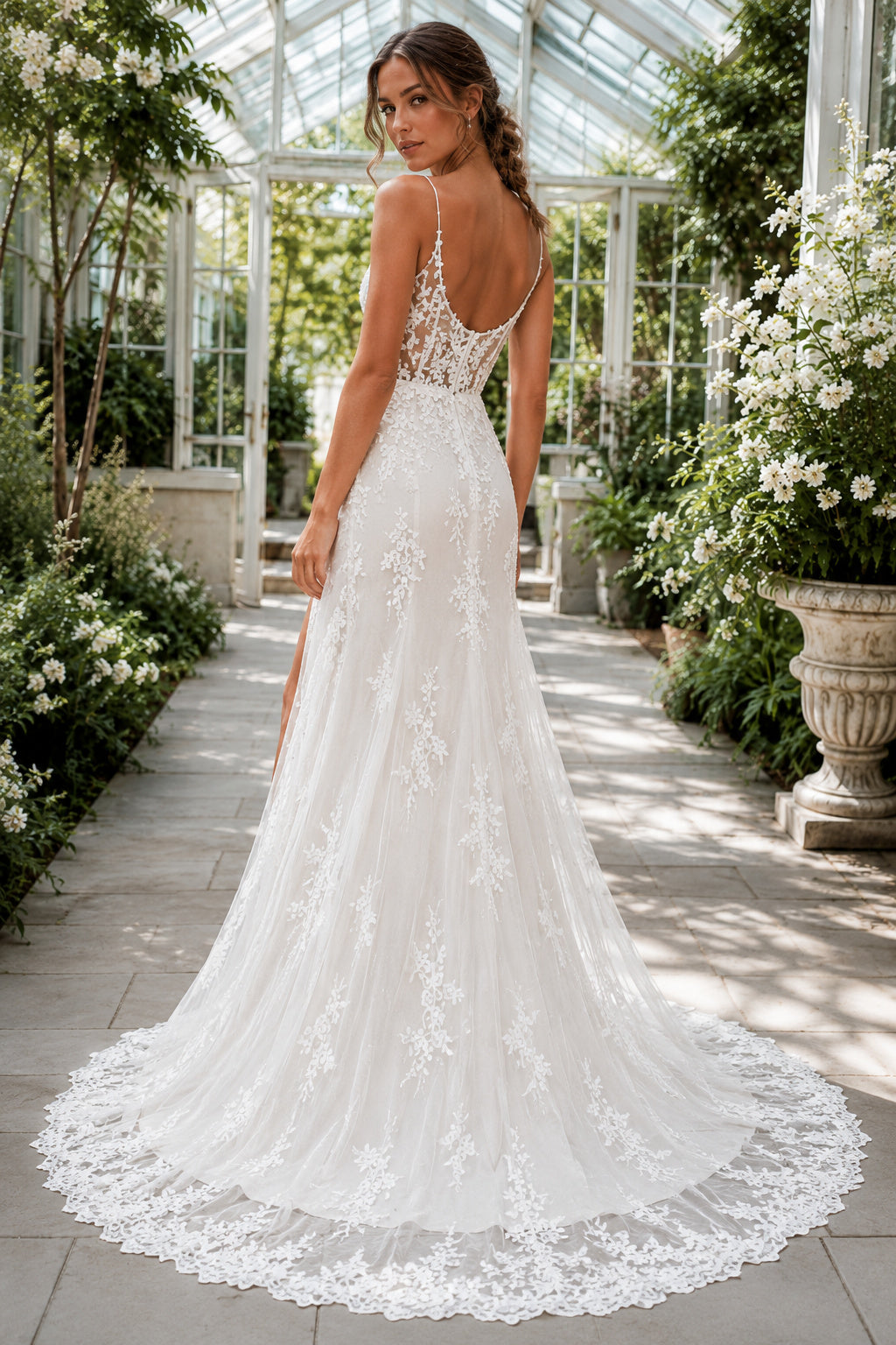 Ivory Spaghetti Strap Lace A-Line Wedding Dress with High Slit and Train back view