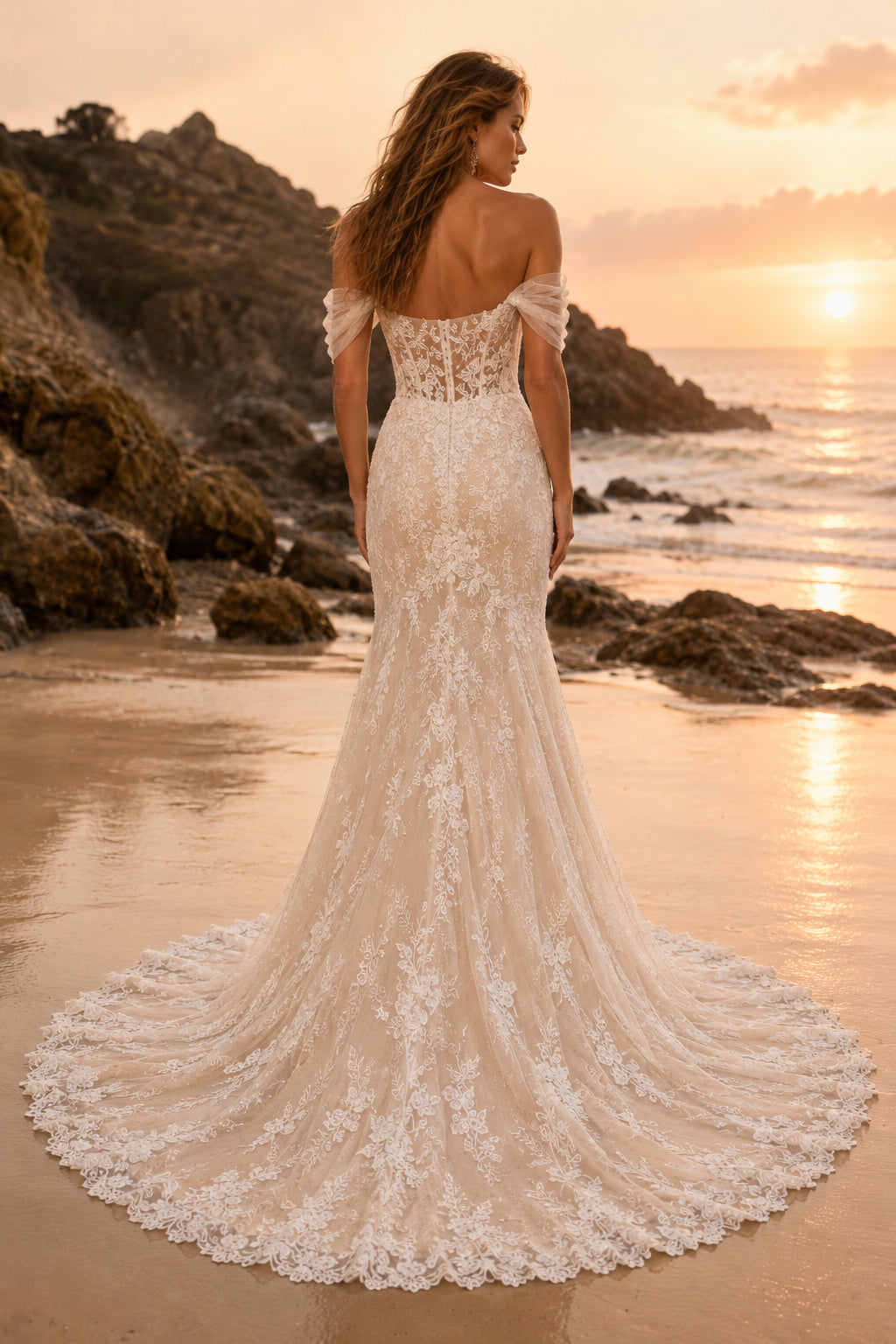 Ivory Off Shoulder Lace Mermaid Wedding Dress Chapel Train for Bridal Ceremony and Reception Style MG_700763 back view