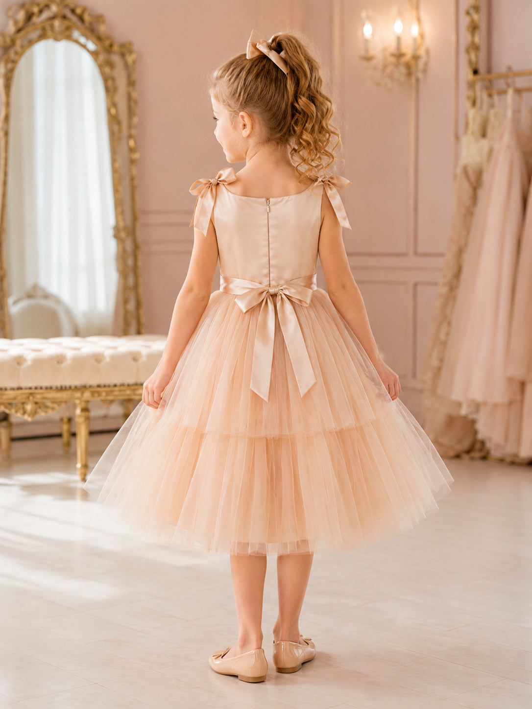Champagne Shoulder Bow Tea-Length A-Line Flower Girl Dress with Satin Bodice, Tiered Tulle Skirt and Back Sash back view