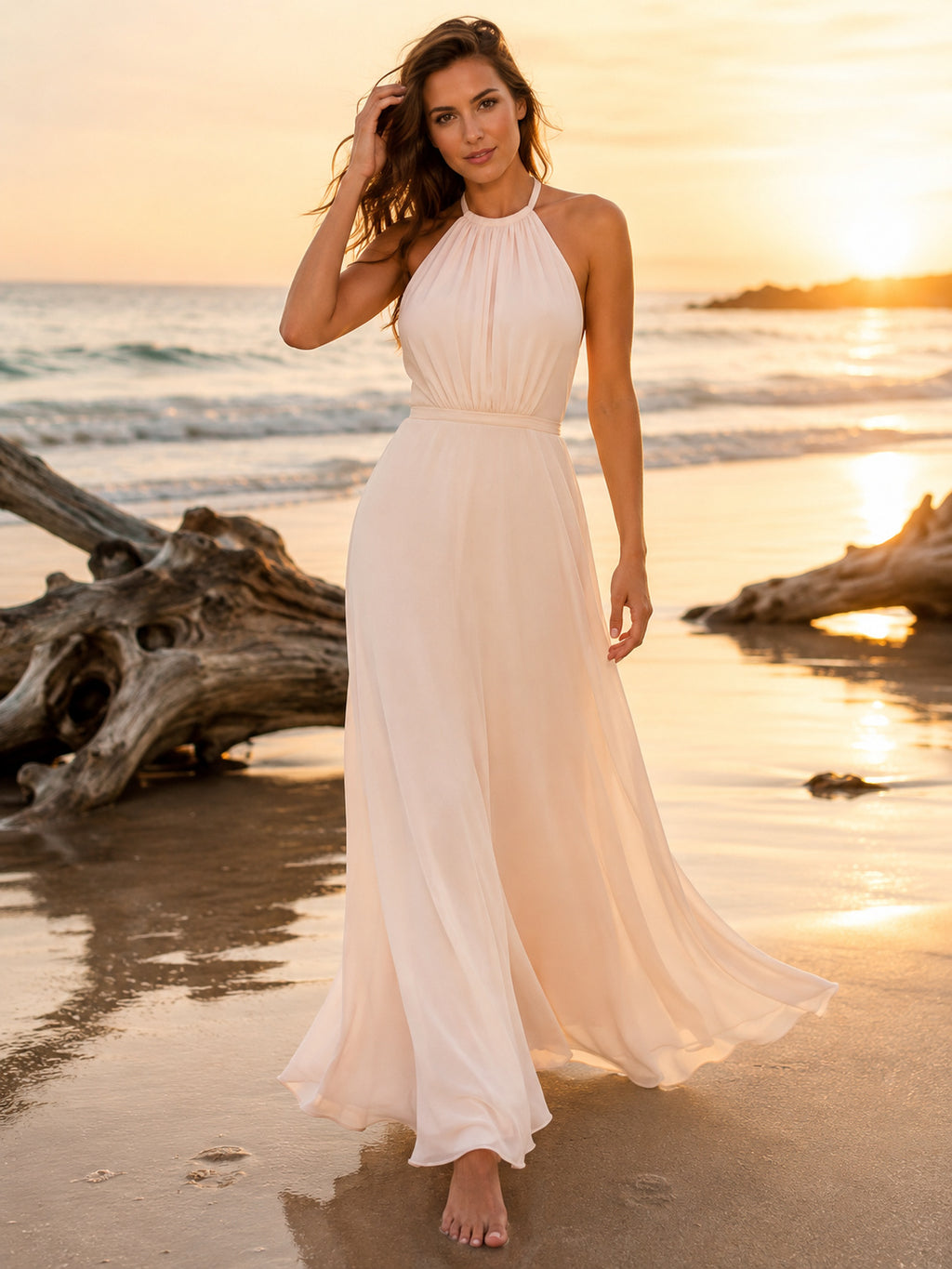 Beach Chiffon Wedding Dress A-Line Halter Sleeveless Floor Length Keyhole Back Bridal Gown front view