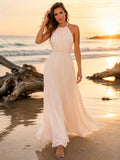 Beach Chiffon Wedding Dress A-Line Halter Sleeveless Floor Length Keyhole Back Bridal Gown front view