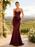 Burgundy Strapless Sweetheart Ruched Satin Mermaid Sweep Vineyard Guest Gown front view