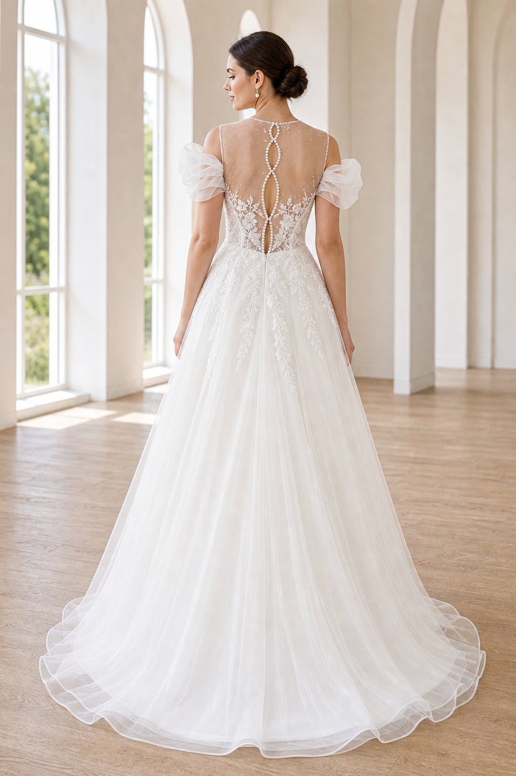 White V-neck Long Sleeves A-Line Lace Floor-length Wedding Dress With Lace and Lace Bodice