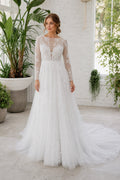 White Halter A-Line Crepe Floor-length Wedding Dress With Beaded Bodice and Pleated Skirt and Open Back