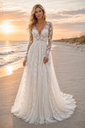 Ivory Long Sleeve V-Neck Lace Tulle A-Line Wedding Dress Chapel Train for Bridal Ceremony and Reception front view