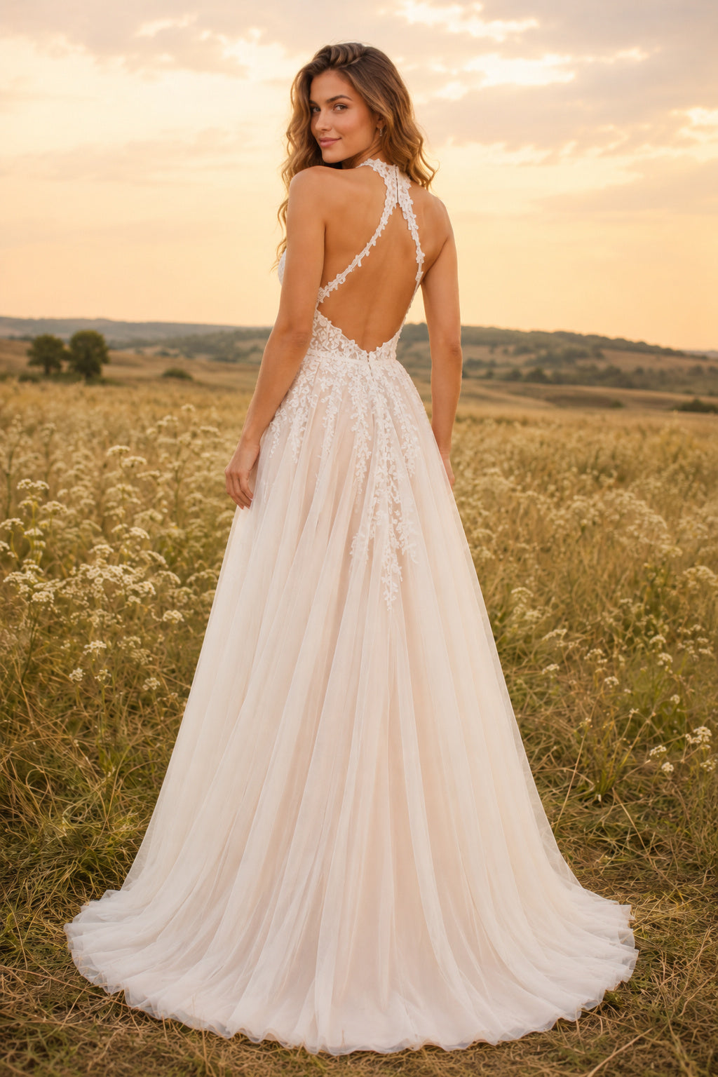 Blushing Pink Boho Halter Neck A-Line Blushing Pink Tulle Wedding Dress with Halter Straps and Sweep Train back view