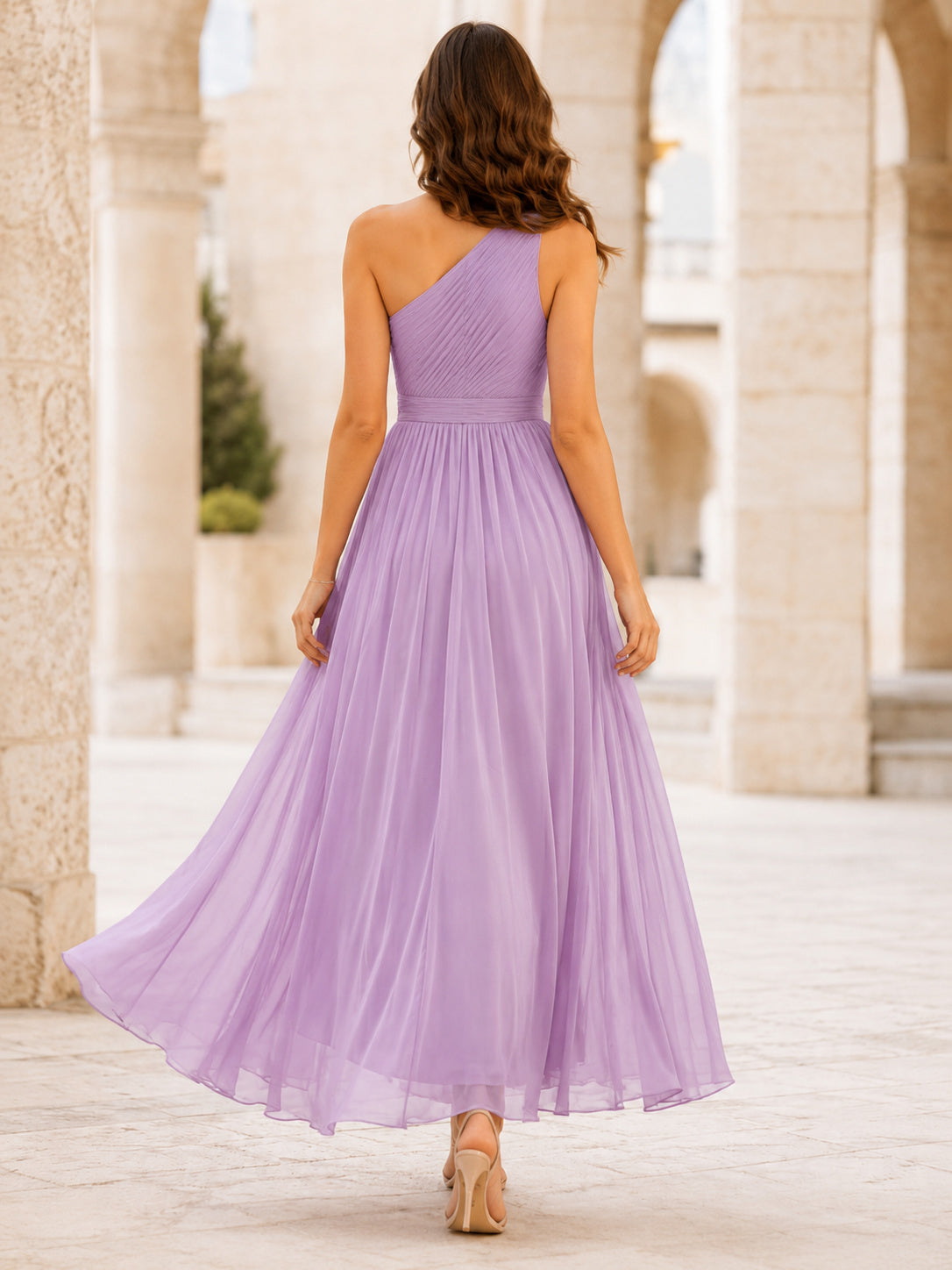 Lavender One Shoulder Chiffon Pleated Ankle Length A Line Dress back view