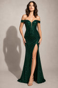 Dark Green Off-the-Shoulder Sequin Mermaid Prom Dress with Slit front view