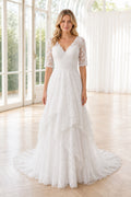 White Illusion Long Sleeves A-Line Lace Floor-length Wedding Dress With Lace and Sweep Train